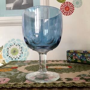Vintage Blue Carnival Goblet Glass, 1970s Iridescent Thumbprint Barware
